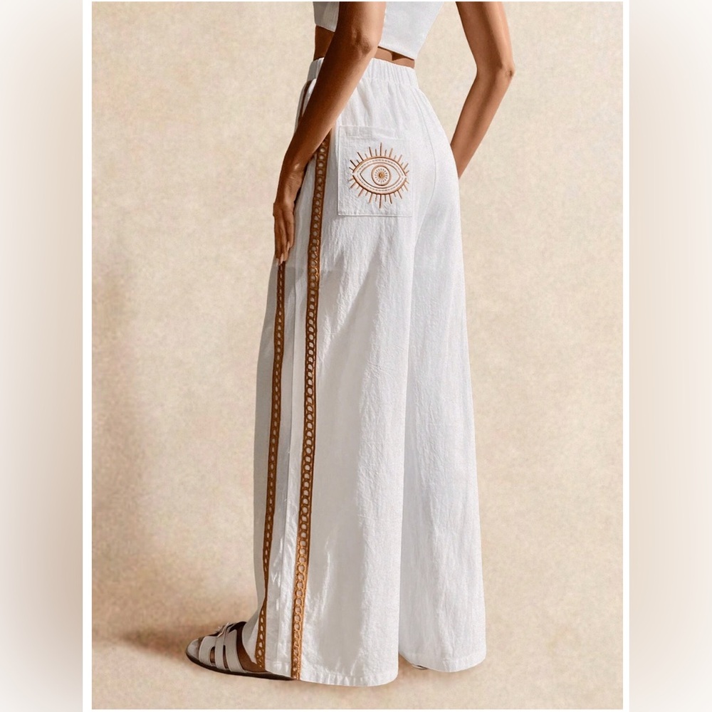 Embroidered Pocket Eye Pattern Cotton Wide Leg Pant - Picture 9 of 14